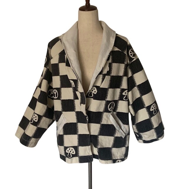 Uo Checkered Mushroom Jacket Xs/S Heavy Cotton Peace Sign Euc Indie Boho